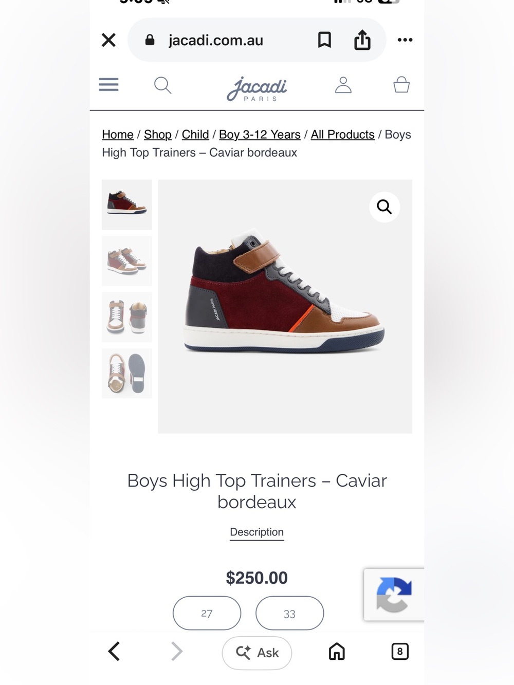 Jacadi Boys High Top Trainers – Caviar Bordeaux. Size 25